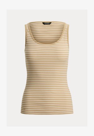 Μπεζ και λευκό αμάνικο τοπ με οριζόντιες ρίγες, στρογγυλή λαιμόκοψη, ριμπ υφή και ετικέτα "Lauren Ralph Lauren" στο εσωτερικό γιακά.