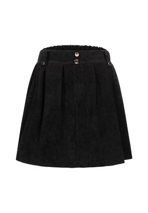 Falda negra de pana con pliegues, con cintura recogida y dos botones decorativos de metal en la parte delantera. La tela texturizada realza el diseño.