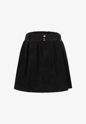 Falda negra de pana con pliegues, con cintura recogida y dos botones decorativos de metal en la parte delantera. La tela texturizada realza el diseño.