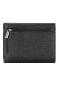 Portafoglio nero realizzato in materiale texturizzato, con una tasca con zip, design minimalista e un piccolo etichetta del marchio sulla zip.