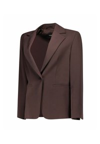 Blazer marrone con colletto a revers, chiusura a un bottone, due tasche frontali, tessuto liscio e vestibilità su misura con spalle strutturate.
