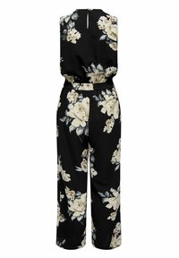 Combinaison noire sans manches avec grands motifs floraux beige et gris, taille élastique et fermeture à bouton avec ouverture en forme de trou de serrure dans le dos.
