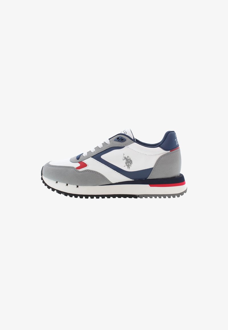 Lekkie sneakerzy z szaro-białym i granatowym wierzchem, zamszowymi akcentami, gumową podeszwą, detalem logo oraz klasycznym wiązaniem.