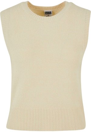Krämfärgad ärmlös stickad topp med rund hals och ribbad nederkant. Mjuk textur och minimalistisk design, lämplig för lager-på-lager.