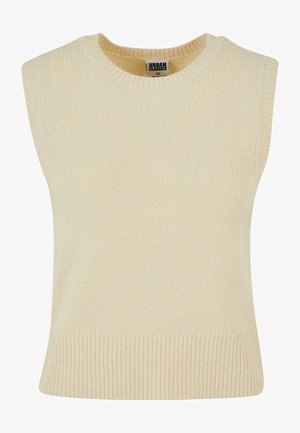 Top a maniche corte color crema in maglia, con scollo rotondo e orlo a costine. Tessuto morbido e design minimale, adatto per essere indossato a strati.