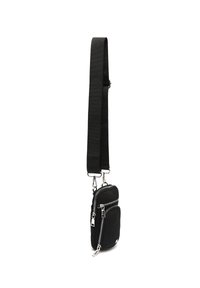 Borsa a tracolla nera in nylon con due tasche con zip, accessori in argento e una larga tracolla regolabile. Design compatto e rettangolare.