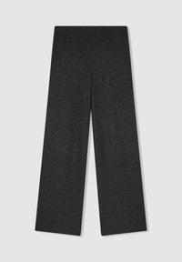 Ciemnoszare, prążkowane spodnie o szerokich nogawkach z gładką fakturą i prostym krojem, z wysokim stanem i bez widocznych elementów metalowych lub ozdób.