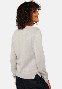 Pull en gris clair avec un col rond, des manches longues et un ourlet côtelé. Texture douce avec un motif en maille subtil et des fentes latérales.