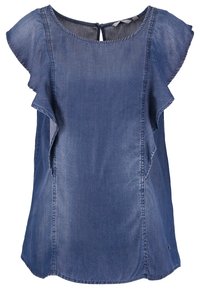 Blue denim top featuring flutter sleeves, a rounded neckline, subtle stitching details, and a hem that curves gently at the sides.