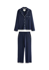 Marineblaues Pyjama-Set aus weichem Stoff, bestehend aus einem langärmligen Oberteil mit Knöpfen, einer Tasche und einem geschwungenen Saum sowie passenden Hosen mit elastischem Bund.