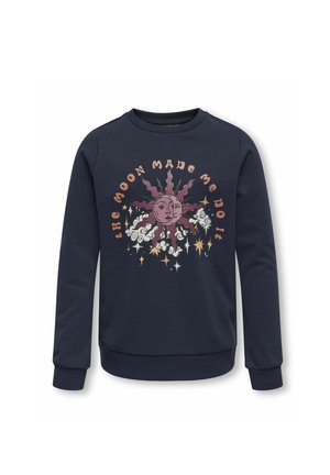 Sweatshirt bleu marine avec un graphique soleil et lune comportant le texte "la lune m'a poussé à le faire", entouré de nuages et d'étoiles. Tissu doux, col rond.