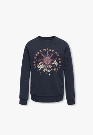 Sweatshirt bleu marine avec un graphique soleil et lune comportant le texte "la lune m'a poussé à le faire", entouré de nuages et d'étoiles. Tissu doux, col rond.