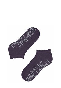 Calzini alla caviglia viola realizzati in materiale morbido, con un bordo ondulato e un motivo a foglia grigio chiaro lungo i lati.