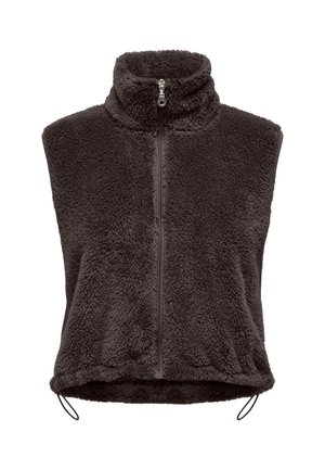 Veste sans manches en fausse fourrure marron foncé avec col haut et fermeture éclair à l'avant, avec cordons ajustables à l'ourlet.