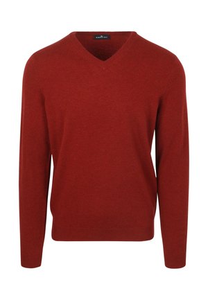 V-Ausschnitt-Pullover in tiefrot, aus weichem Material mit langen Ärmeln und taillierter Passform, mit glatter Textur.