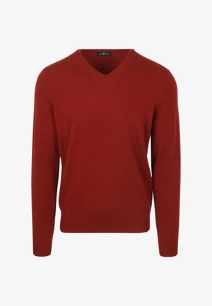 Diepe rode V-hals pullover trui, gemaakt van zacht materiaal met lange mouwen en een aansluitende taille, met een gladde textuur.