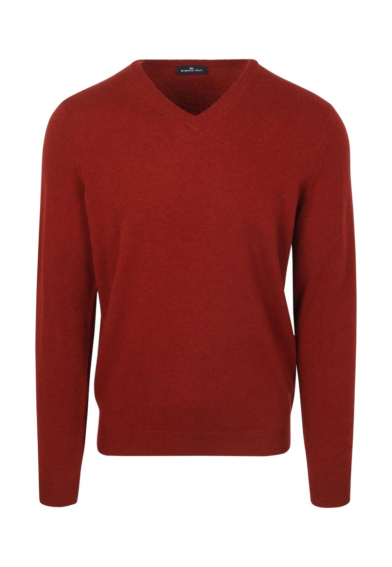 V-Ausschnitt-Pullover in tiefrot, aus weichem Material mit langen Ärmeln und taillierter Passform, mit glatter Textur.