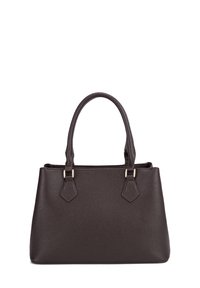 Borsa a mano in pelle marrone scuro con finitura texturizzata, manici rotondi e hardware in tonalità oro. Presenta una forma strutturata e nessun abbellimento visibile.