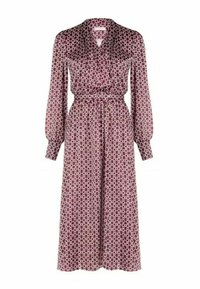 Abito a maniche lunghe con incrocio in borgogna con motivo geometrico color crema. Presenta una cintura coordinata in tessuto e un design fluido di lunghezza midi.