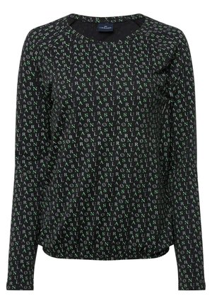 Langärmliges schwarzes Oberteil mit einem wiederholten Muster aus grütem und weißem Text. Rundhalsausschnitt, weicher Stoff und lockere Passform.