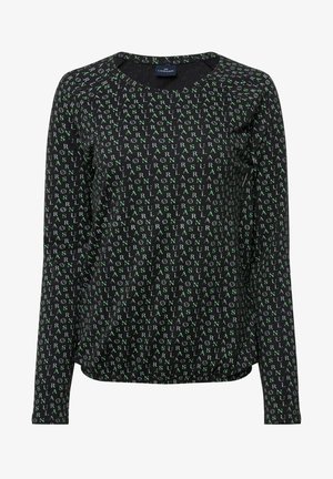 Langärmliges schwarzes Oberteil mit einem wiederholten Muster aus grütem und weißem Text. Rundhalsausschnitt, weicher Stoff und lockere Passform.