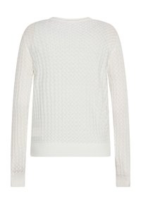 Pulover alb din tricot cu un model texturat în formă de diamant, mâneci lungi și tiv elastic. Material ușor și respirabil.
