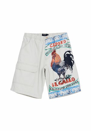 Heledad värvusega cargo-shortsid, millel on suur kukefoto ja tekst ühel jalal. Valmistatud siledast kangast ning kummiga vöökoht.