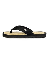 Black flip-flop with textured fabric straps and a woven straw-like footbed; features a black rubber sole with a subtle logo accent.