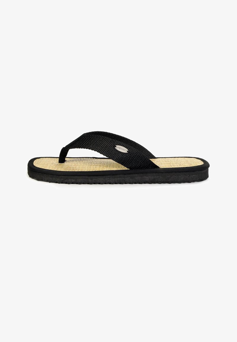 Black flip-flop with textured fabric straps and a woven straw-like footbed; features a black rubber sole with a subtle logo accent.