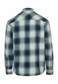 Een button-up shirt met een geruit patroon in marineblauw, groen en wit. Lange mouwen met knoopmanchetten, een rugpasdetail en een standaardkraag.