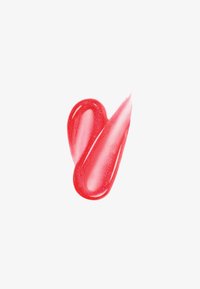 Deux échantillons de gloss à lèvres rouge brillant avec une texture lisse et brillante sur un fond blanc.
