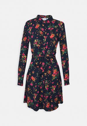 Navy blue long-sleeve dress with collar, button front, waist tie, and bright floral print in pink, orange, and green.