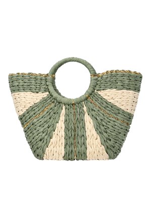 Wiklinowa zielono-beżowa torebka ze słomy z okrągłym uchwytem i złotymi akcentami, z motywem wachlarza na białym tle.