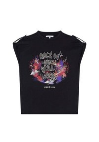 Black cotton t-shirt with short sleeves, featuring colorful graphic print saying “ROCK ON WITH SCALPERS WORLD TOUR” with decorative elements.