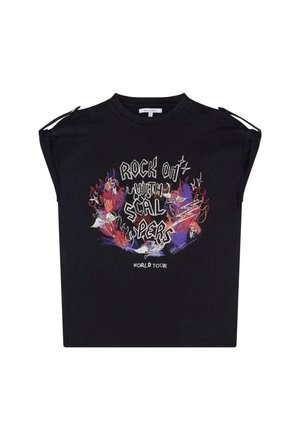 Tricou din bumbac negru, cu mâneci scurte, având un print grafic colorat ce spune „ROCK ON WITH SCALPERS WORLD TOUR”, împreună cu elemente decorative.