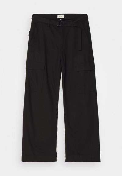 Black cargo pants made of cotton, featuring wide legs, multiple pockets, a waistband with a belt, and subtle stitching details.