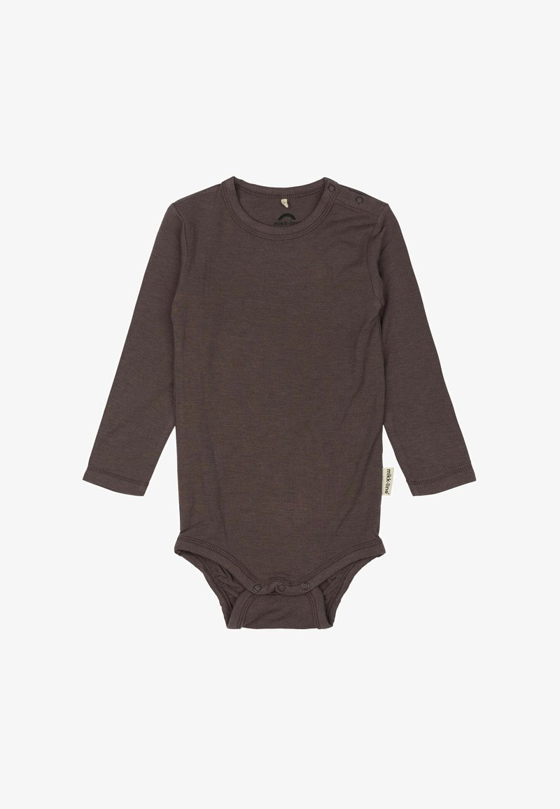 Bodysuit marrón de manga larga, hecho de una tela suave, con un escote redondo, cierre de pression en el hombro y botones de presión en la parte inferior.