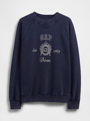 Marineblå sweatshirt laget av bomull, med rund hals, raglan-ermer og brodert "GAP"-logo med ornamentalt design.