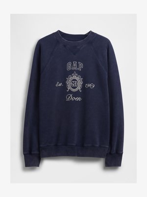 Sudadera azul marino de algodón, con cuello redondo, mangas raglán y logotipo bordado de "GAP" con diseño ornamental.