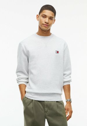 Ung mand iført lysegrå sweatshirt med lille logo på brystet og olivengrønne bukser, stående med hænderne i lommerne.