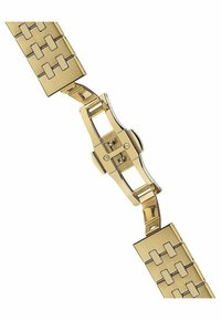 Goldfarbener Metallarmband mit gewebtem Muster, rechteckigen Gliedern und einem polierten Verschluss. Glättes Material mit glänzender Oberfläche.