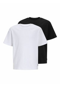 Deux T-shirts en coton unis, l'un blanc devant et l'autre noir derrière, tous deux à manches courtes et à encolure ronde.