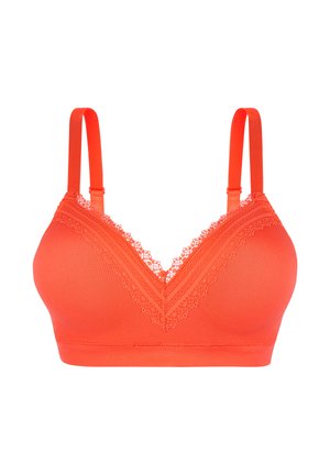 Bralette naranja brillante con diseño de escote en V, con ribete de encaje a lo largo del escote y tela suave y lisa. Incluye tirantes ajustables.