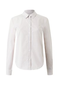 Camicia bianca con sottili righe verticali in beige chiaro e colori pastello. Presenta un colletto, maniche lunghe e chiusura con bottoni sul davanti.