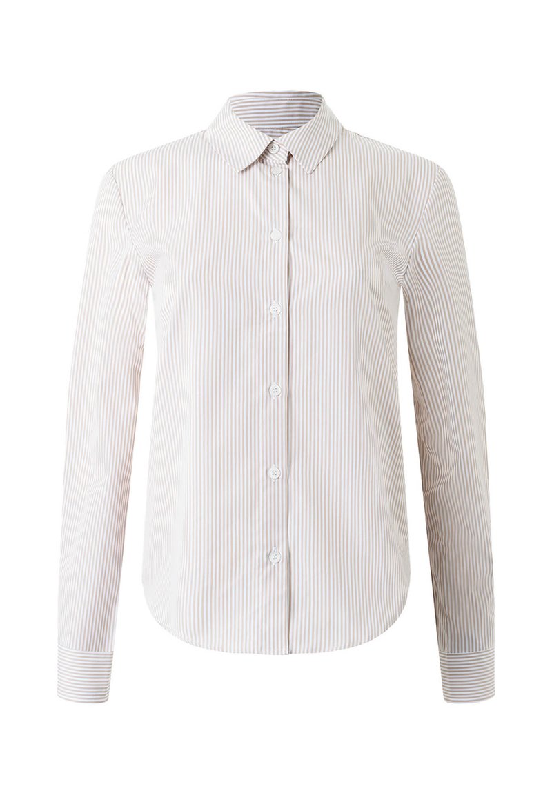 Camicia bianca con sottili righe verticali in beige chiaro e colori pastello. Presenta un colletto, maniche lunghe e chiusura con bottoni sul davanti.