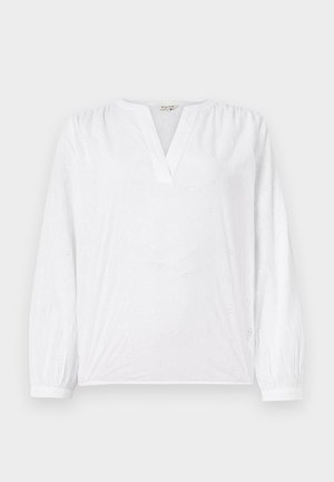 Blusa blanca de mangas largas, con escote en V y patrón de flores bordadas. Tejido suave con un acabado ligeramente texturizado. Puños elásticos.