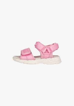 Sandale rose avec sangles réglables, tige en tissu doux, semelle rembourrée et semelle extérieure en caoutchouc blanc. Design léger pour le confort et le soutien.