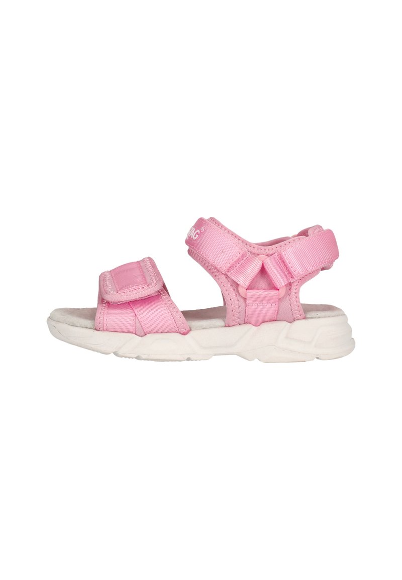 Rosa Sandale mit verstellbaren Riemen, Obermaterial aus weichem Stoff, gepolsterte Sohle und weißer Gummi-Außensohle. Leichtes Design für Komfort und Unterstützung.