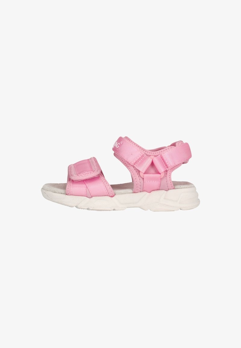 Pink sandal with adjustable straps, soft fabric upper, padded sole, and white rubber outsole. Lightweight design for comfort and support.