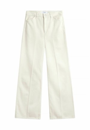 Korkeavyötäröiset, kermanväriset leveälahkeiset housut, joissa edessä nappi- ja vetoketjusuljenta, vyölenkit ja sivutaskut, esillä valkoisella taustalla litteänä.